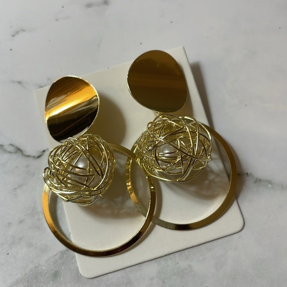 Gold  Pearl Cage Hoops - Picture 11 of 15